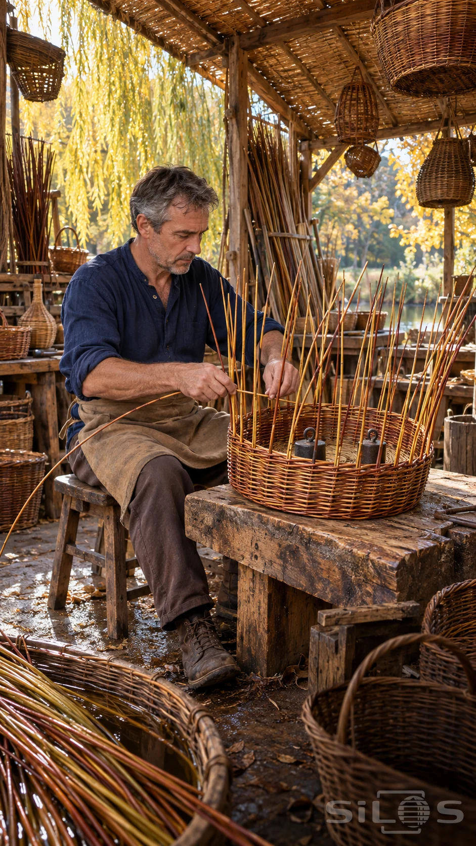 A man weaves a round willow basket beneath a thatched open workshop with baskets hanging above him.