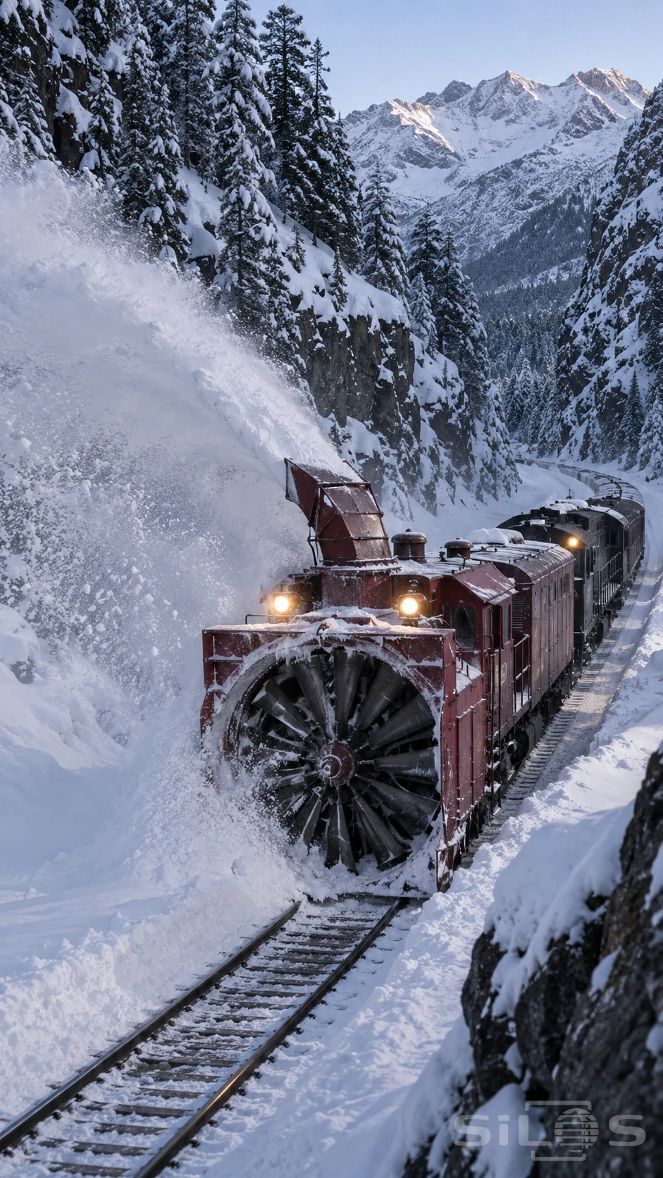 Rotary snowplow clearing a snow filled cutting with a locomotive and mountain railway behind.