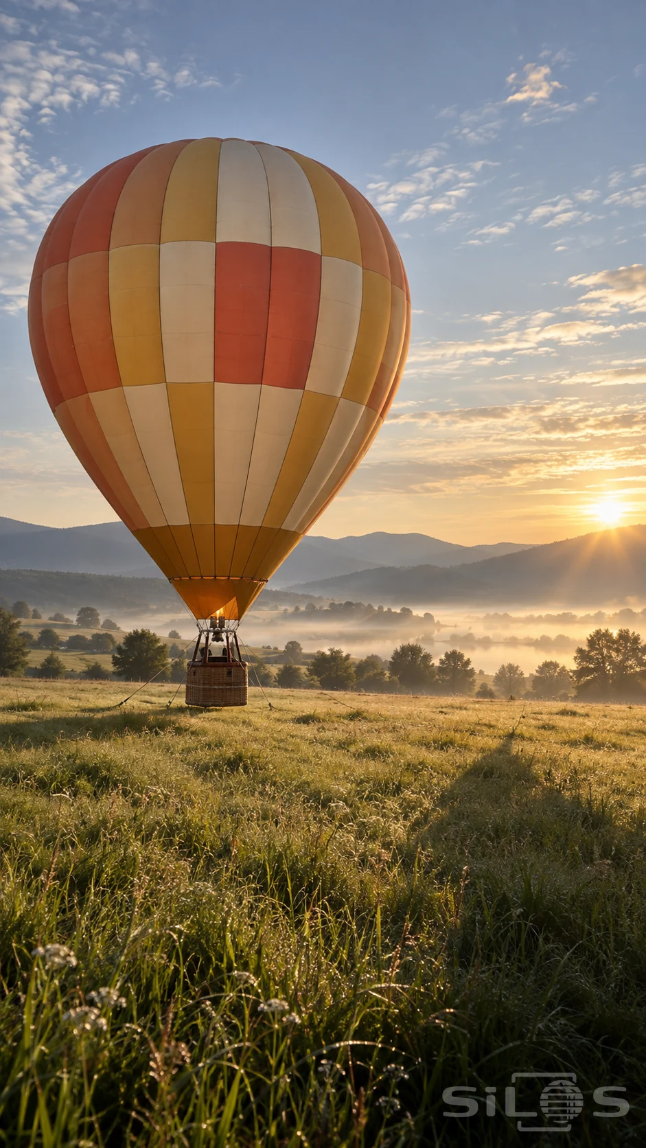 A hot air balloon with coral, ochre and ivory panels and a tethered basket above a dewy meadow at sunrise over a misty valley.