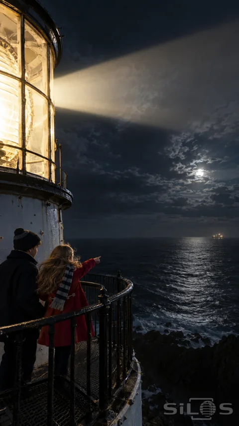 Brother and sister behind a lighthouse railing point toward a distant ship beneath a bright beam and moonlit clouds