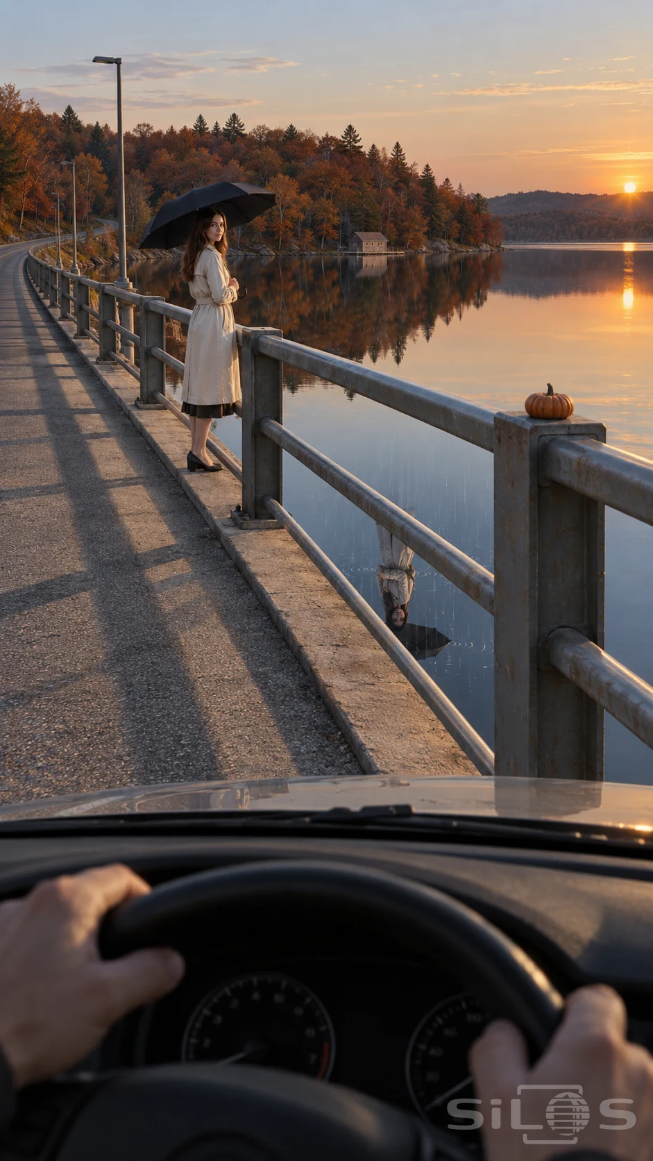 A driver approaches a woman with a black umbrella whose lake reflection stands beneath rain.
