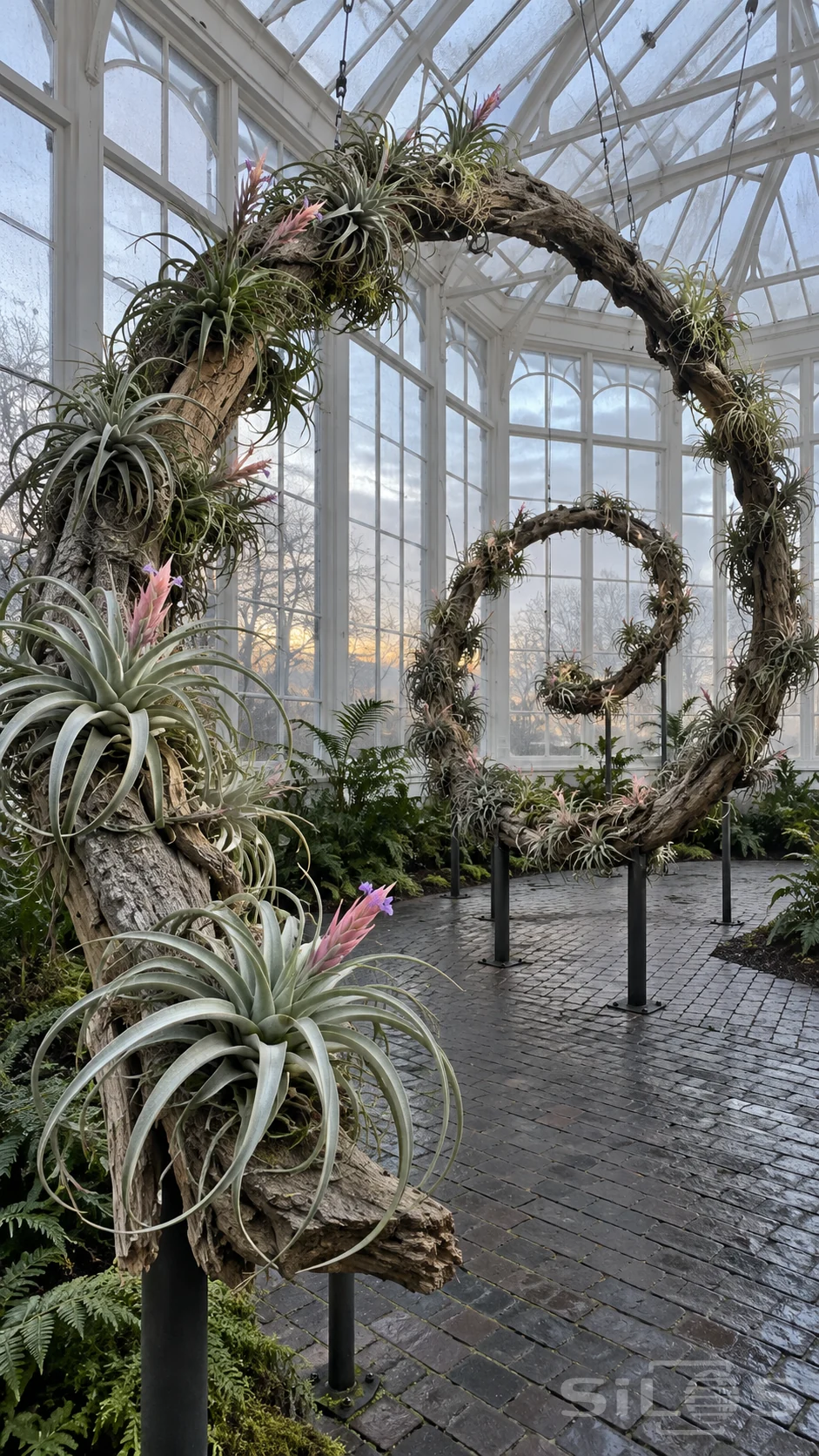 Silver-green air plants and pink flower spikes cover supported looping branches inside a tall white glasshouse.