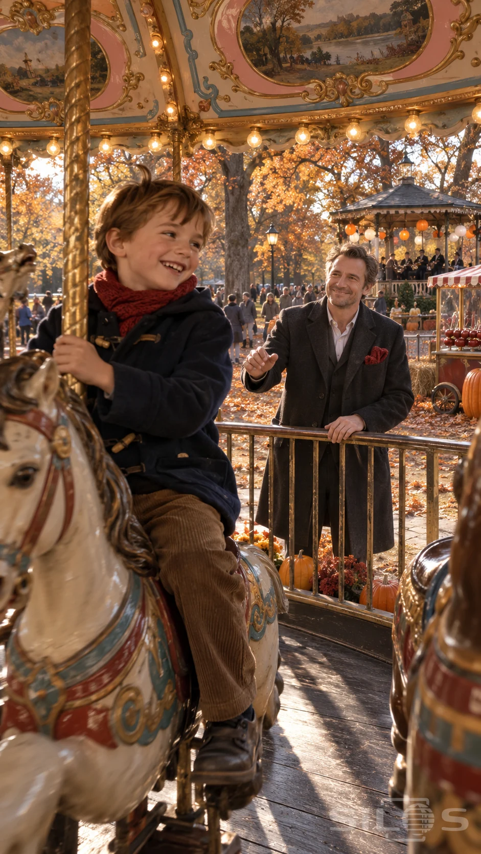 A boy in a red scarf rides a carousel while a man with matching red knit in his pocket watches at the rail.