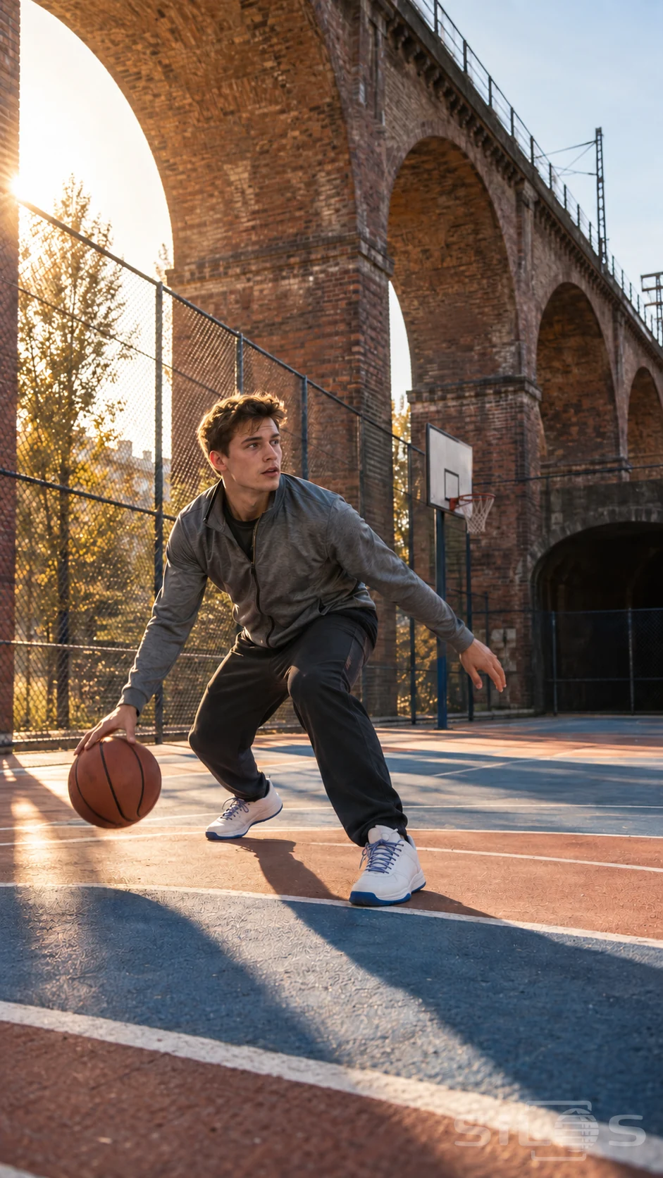 An adult man in gray sportswear makes a basketball dribble across an outdoor court under a tall brick viaduct.
