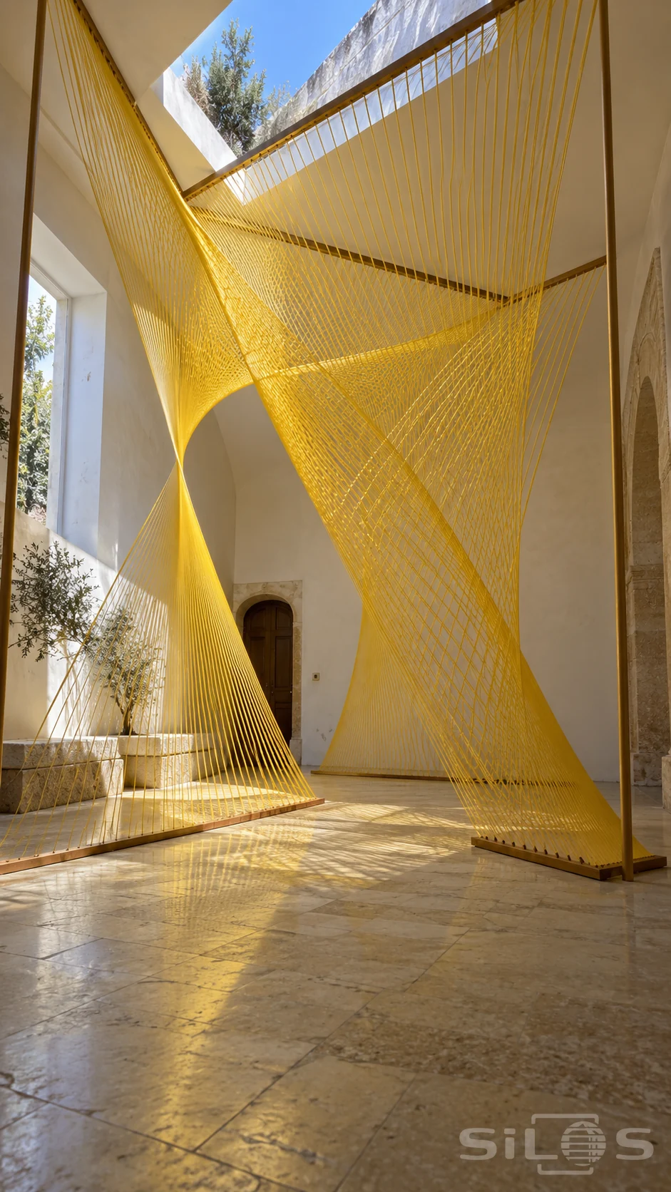 Yellow cords stretched between tall wooden frames create curved open surfaces in a sunlit stone courtyard gallery