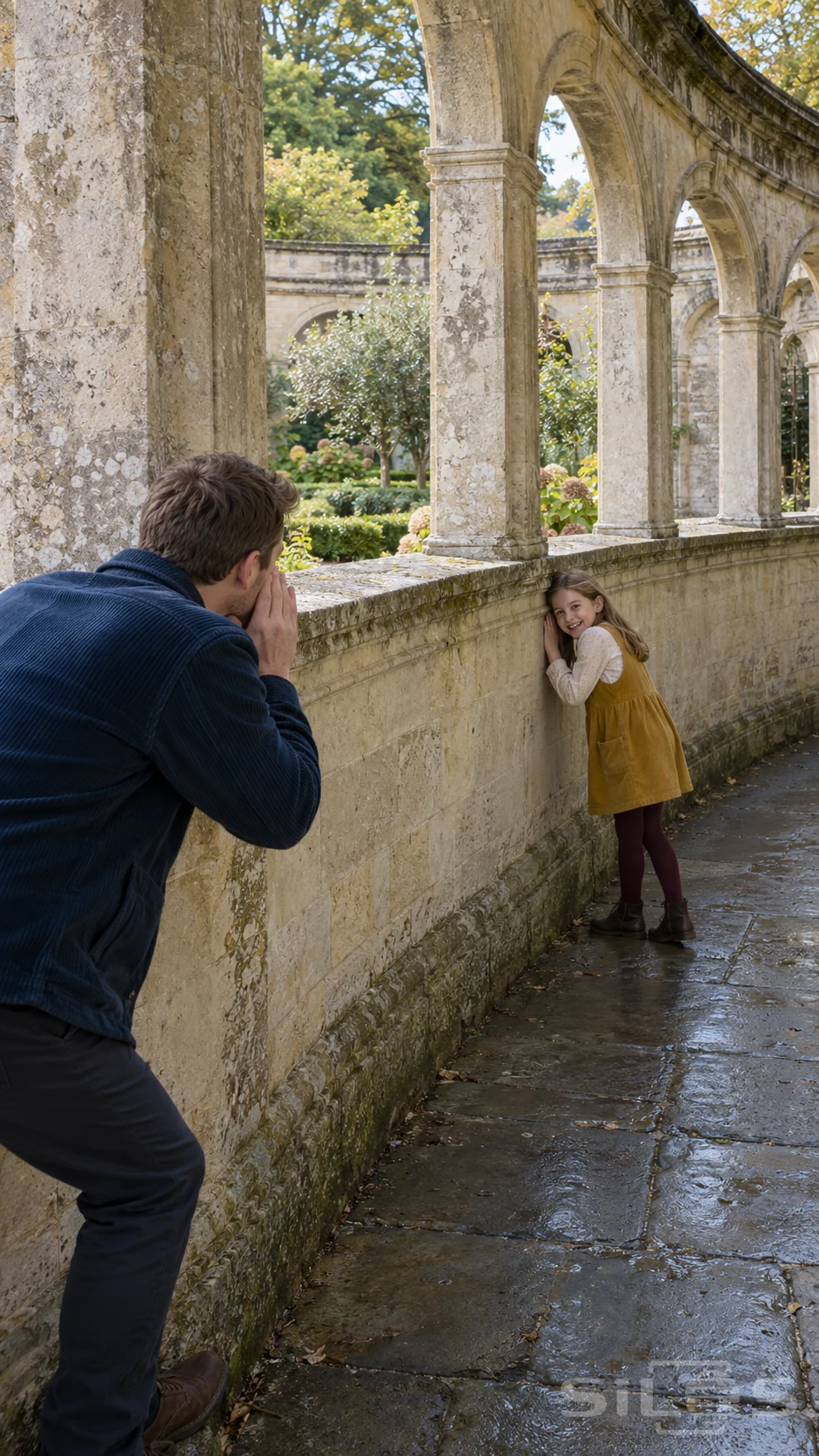 A father sends a whisper along a curved stone gallery while his smiling daughter listens against the wall beside a planted courtyard.