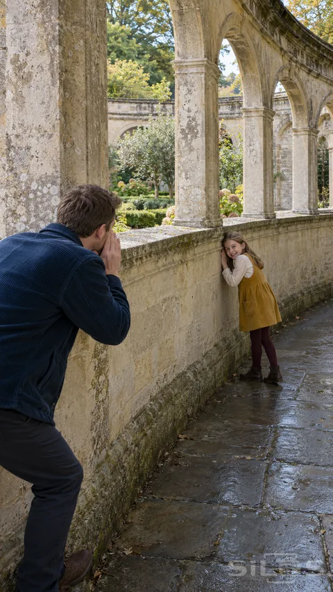A father sends a whisper along a curved stone gallery while his smiling daughter listens against the wall beside a planted courtyard.