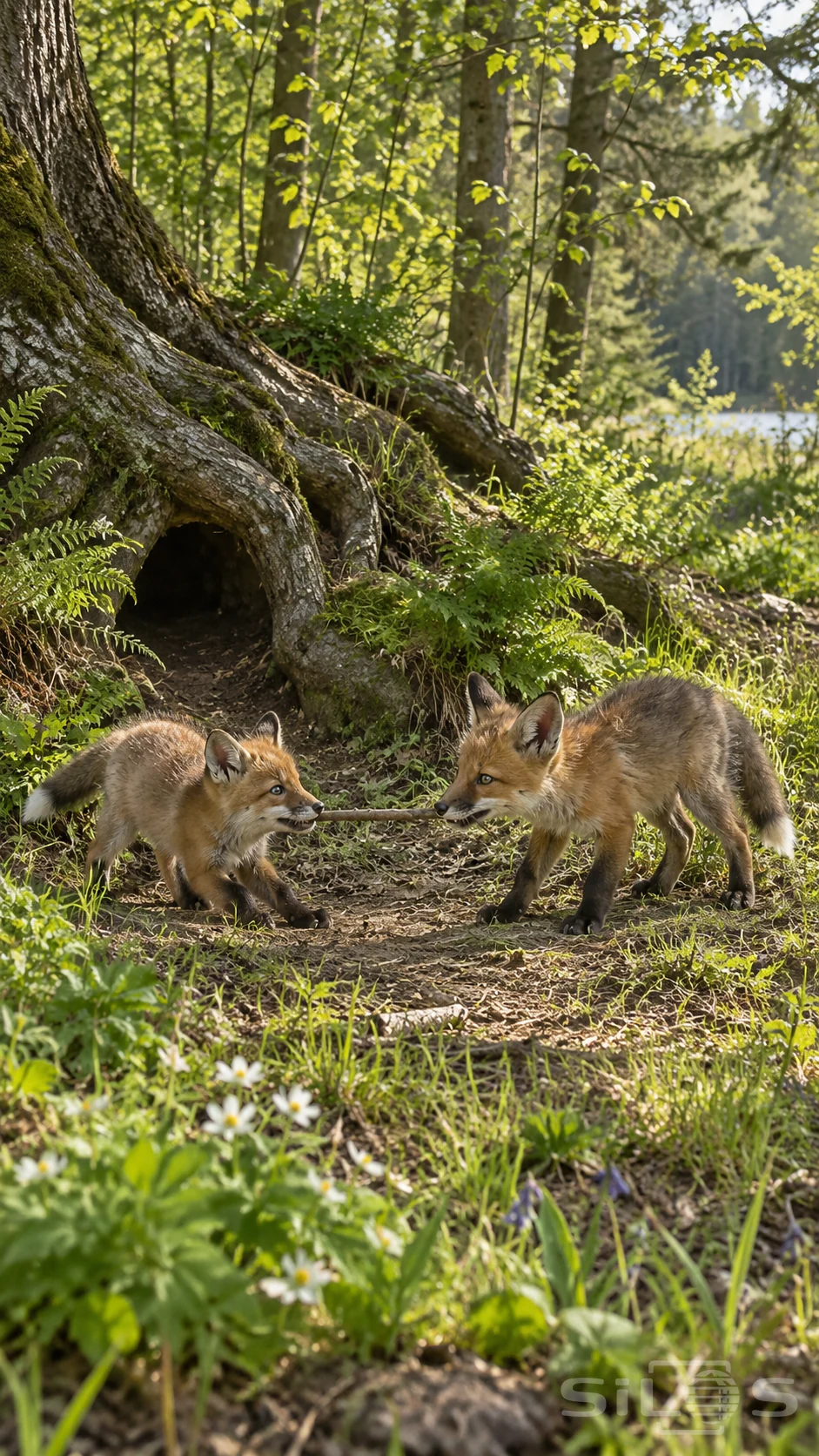 Two fox cubs tug a fallen twig outside a woodland den beneath exposed roots and sunlit ferns.