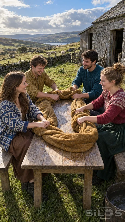 Four adults gather and press ochre cloth around a long wooden table during outdoor wool working.