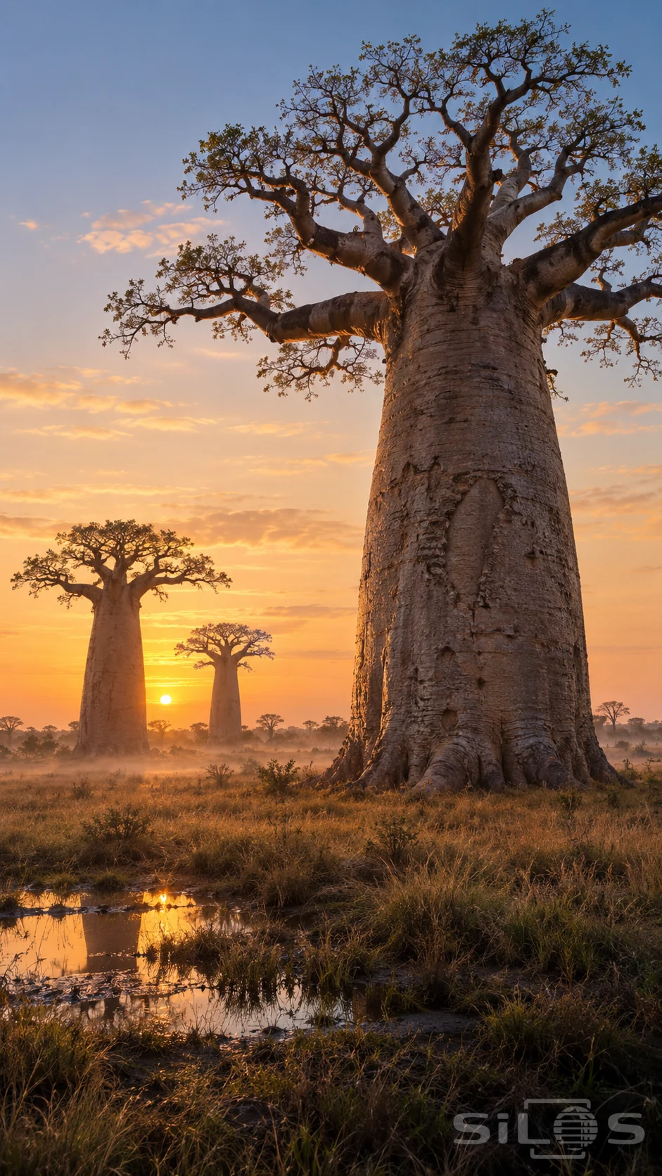 Large baobab trees stand above misty grass at dawn, with a massive rough foreground trunk and an orange reflection in a puddle.