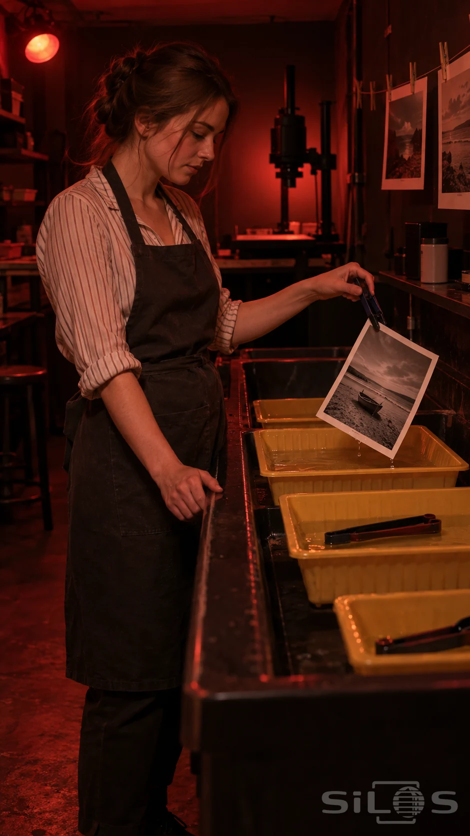 Woman lifts a darkroom print with tongs above yellow processing trays under a red safelight.
