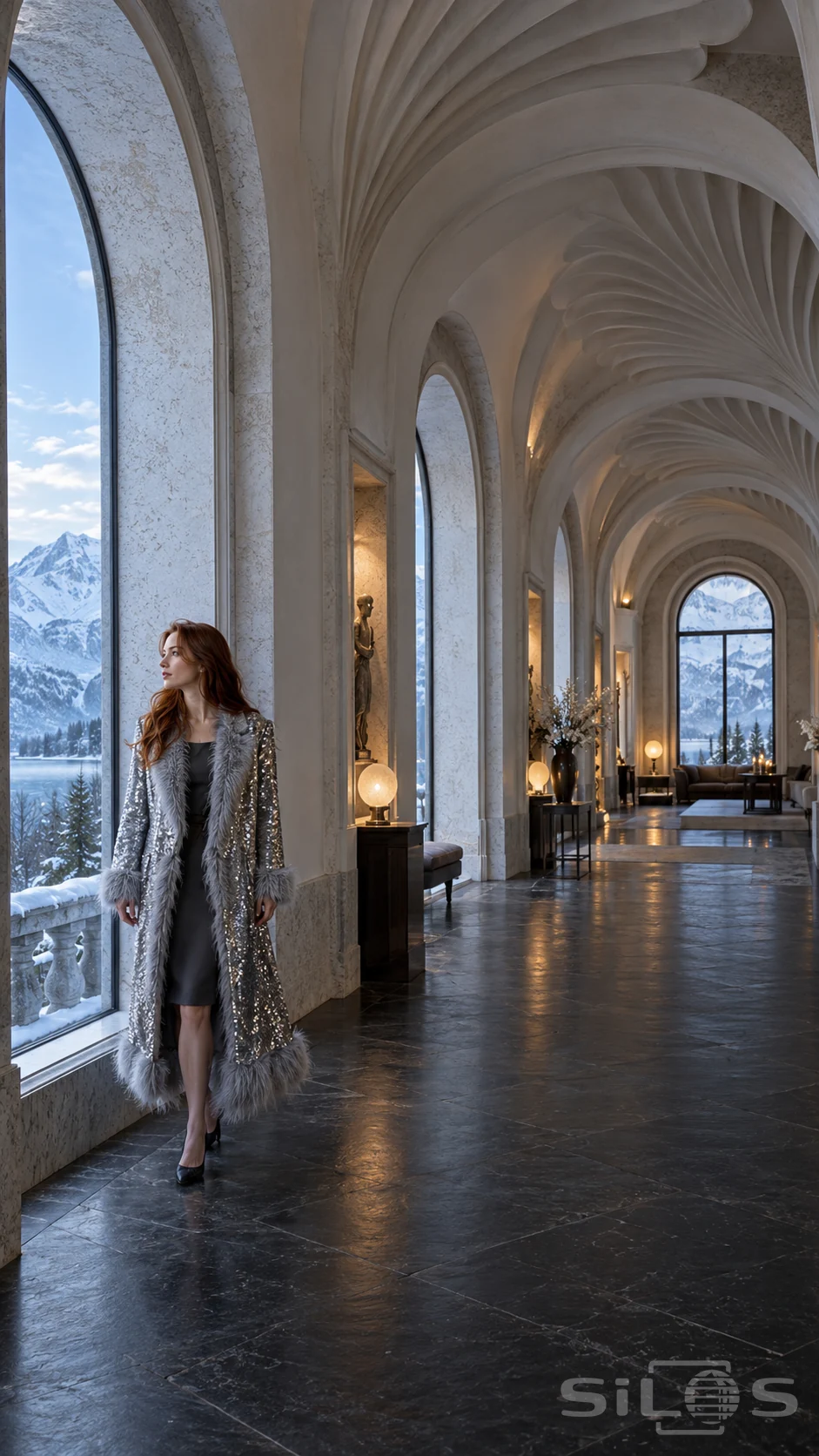 A long-haired woman in a silver sequinned coat with grey feather trim stands beside a tall window in a pale shell-vaulted gallery.