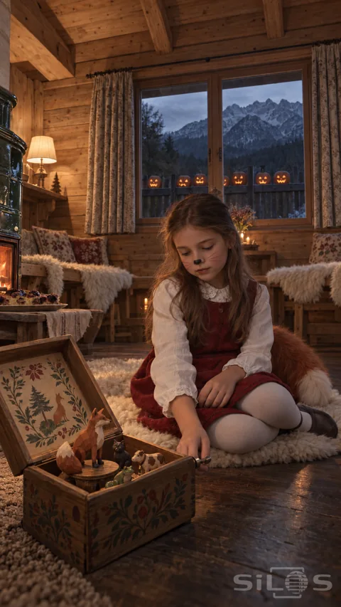 A girl with whiskers and a bushy fox tail turns a wooden box containing carved animals in a warm mountain chalet.