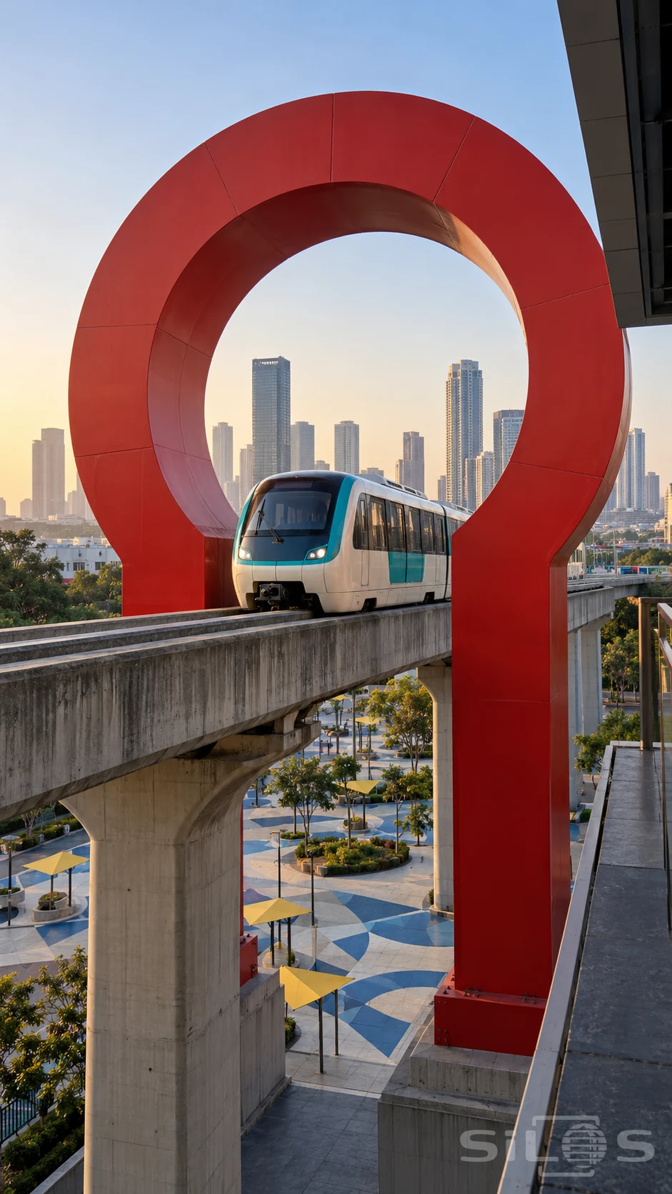 An elevated train passes through a giant red keyhole portal above a city plaza with blue paving and yellow shade canopies.
