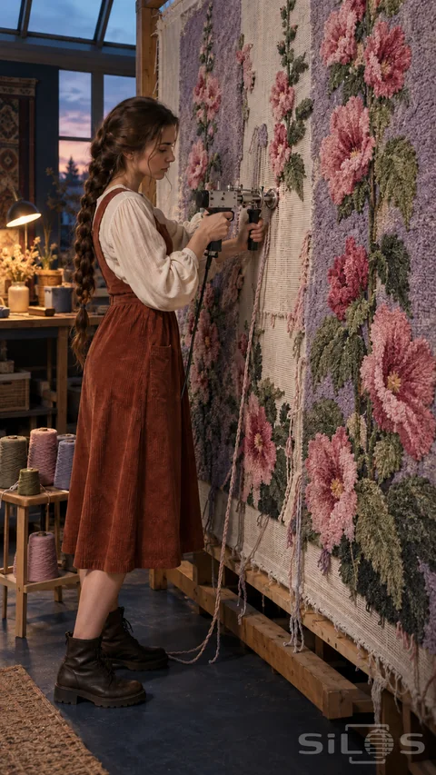 A braided woman in a rust corduroy pinafore works at floral rug tufting on a tall frame covered in pink flowers and lavender bands.