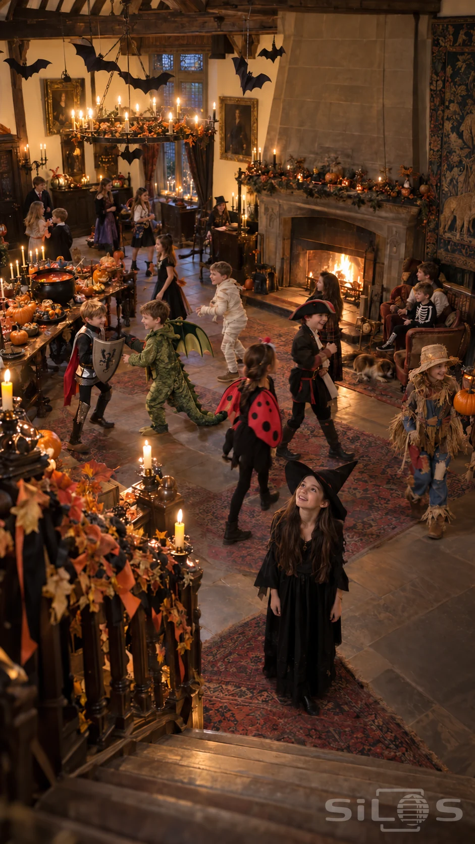 Girl in a black witch costume looks up from the stairs as children play in a warm mansion hall decorated for Halloween