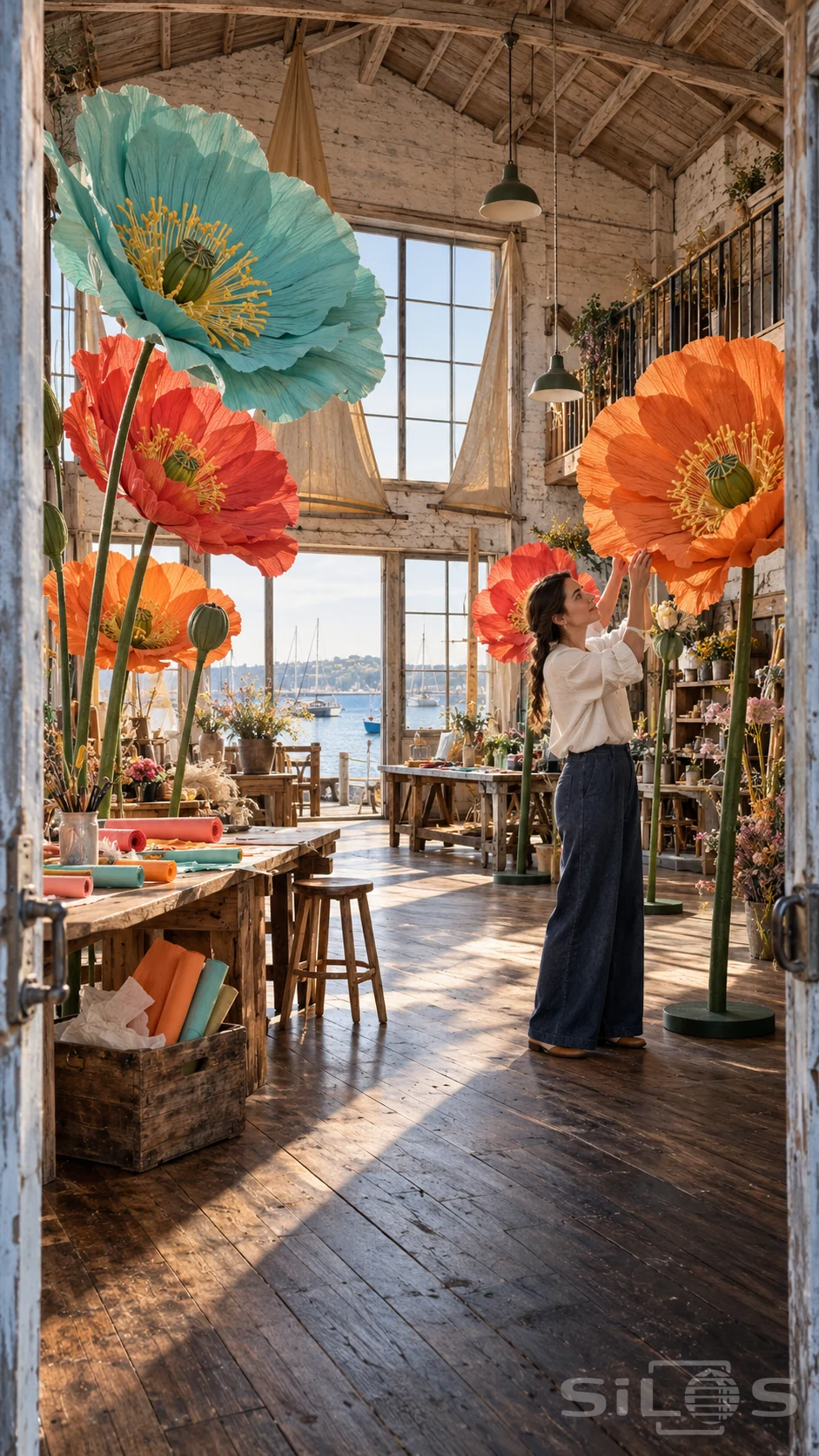 An artisan adjusts an orange giant paper poppy among turquoise and coral flowers in a bright harbour workshop.