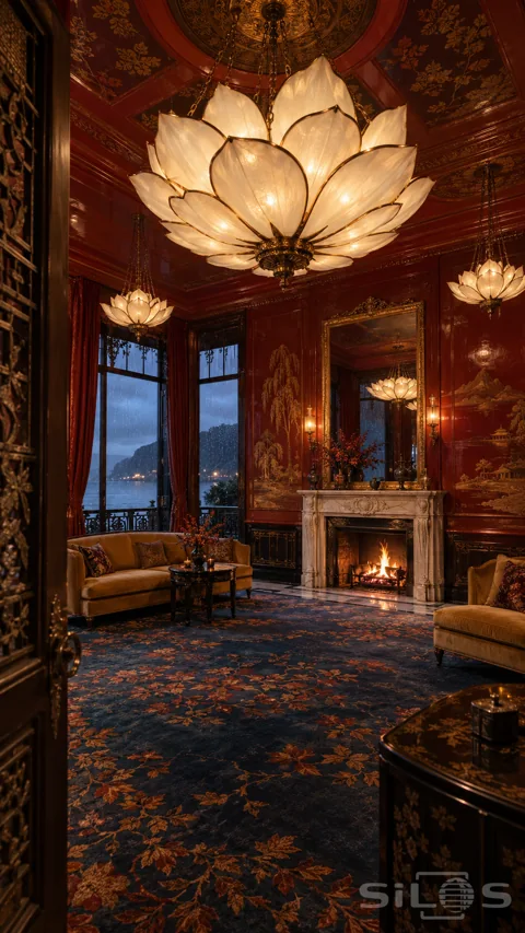 Crimson lacquer salon with large glowing flower-shaped lanterns; gold landscape panels; mustard sofas and an ivory fireplace.