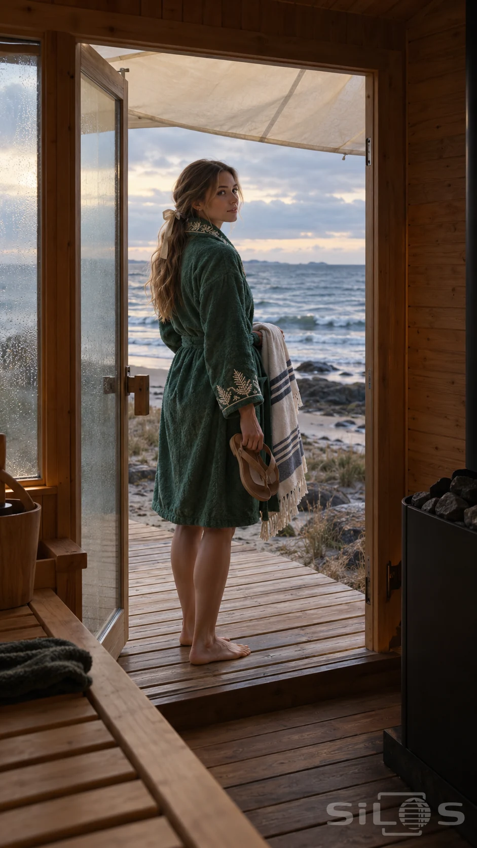 Seaside sauna doorway with a woman in an emerald embroidered robe holding sandals and a striped towel beside the beach.