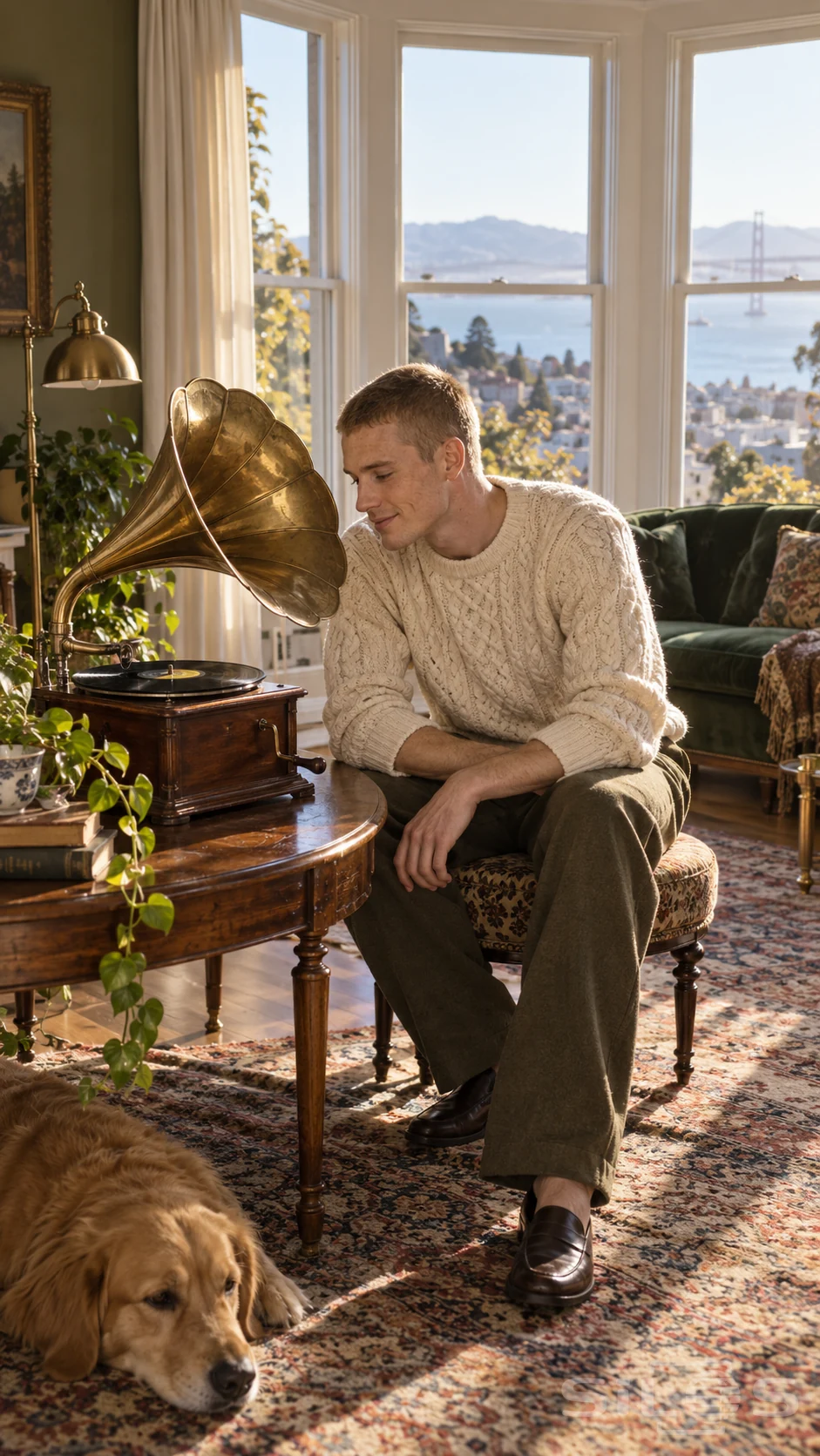 A young man enjoys gramophone listening beside a bright bay window while a dog rests on the patterned rug.