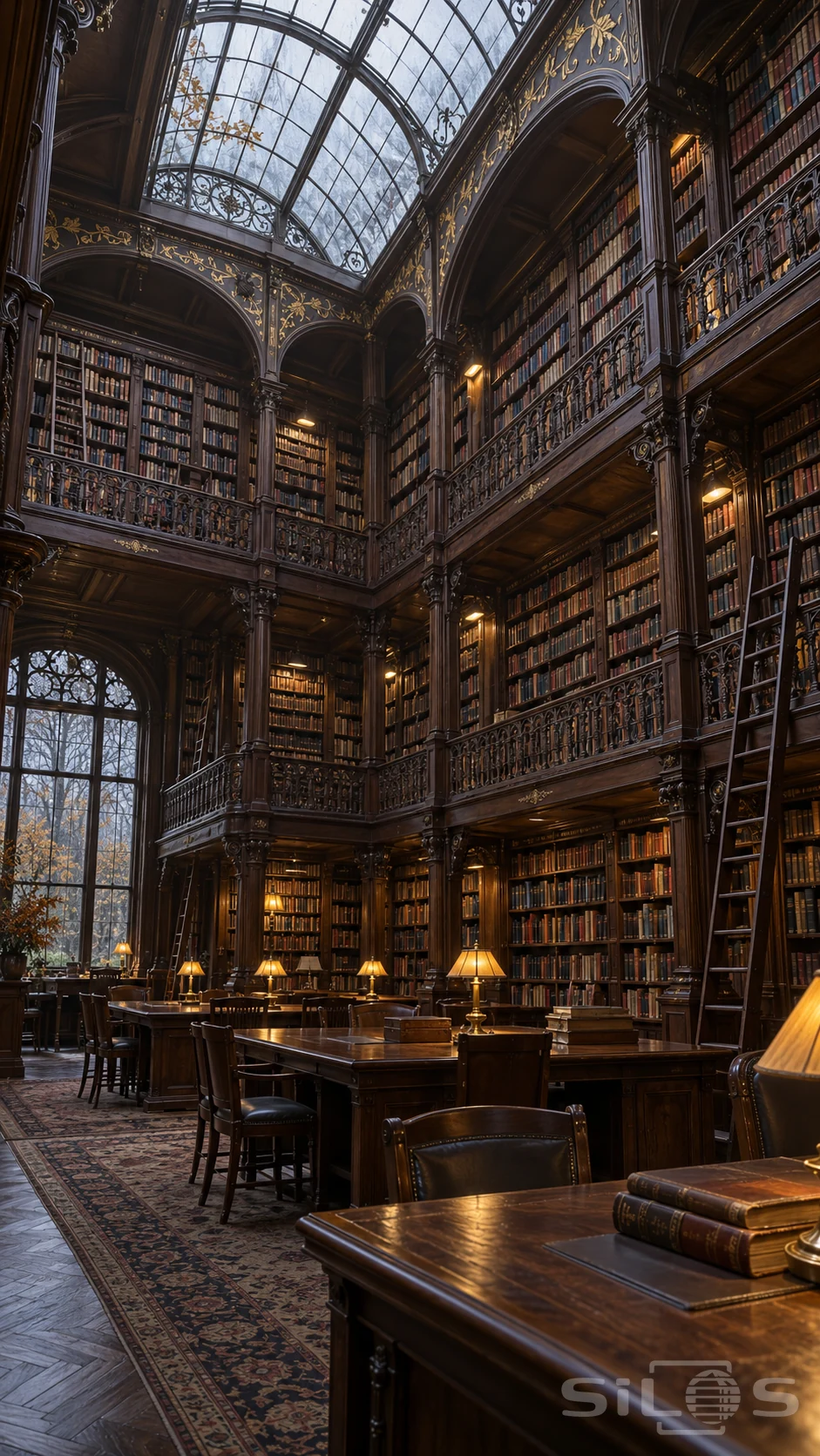 Tall walnut bookcases and ornate balconies rise beneath a glazed roof above wooden reading desks, leather chairs and amber lamps.