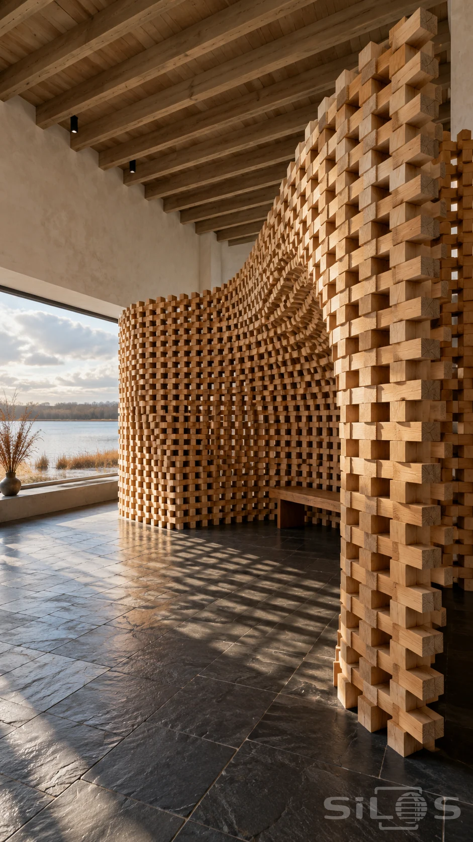 Curved open timber wall with square gaps and a tucked-in bench beside a wide river-facing window.