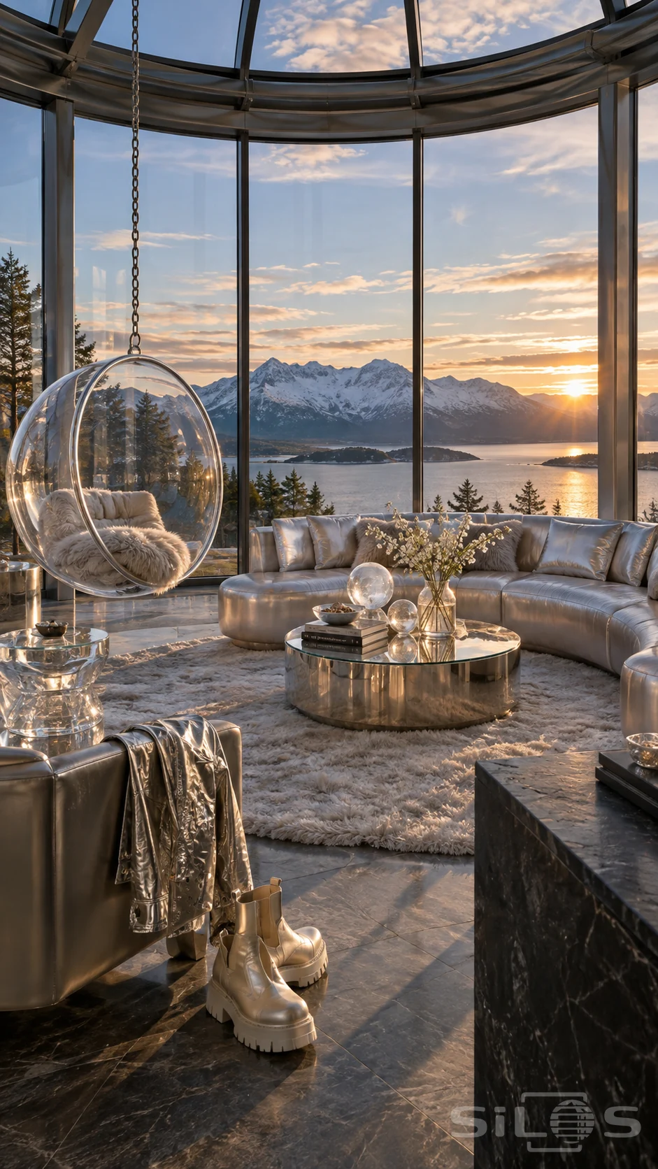 A silver glass sunroom curves around a broad view of a mountain lake.