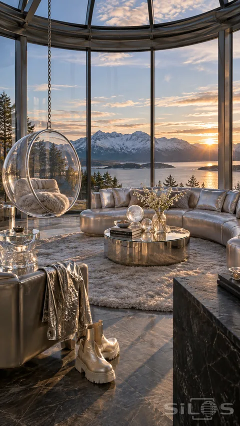 A silver glass sunroom curves around a broad view of a mountain lake.
