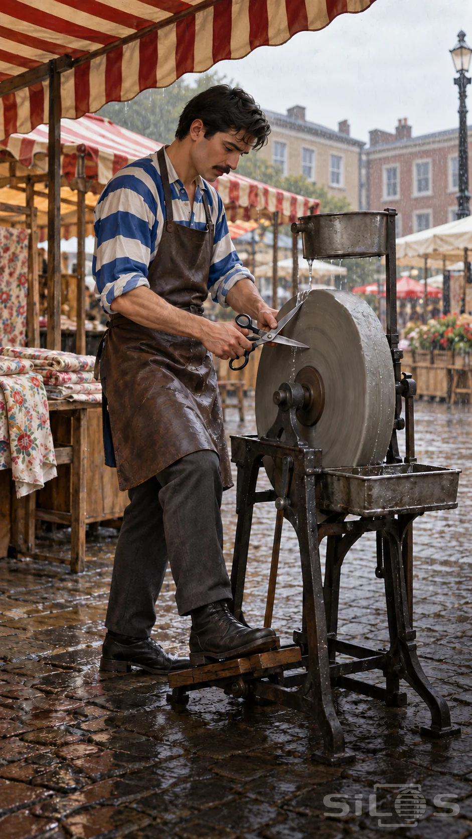 A scissor grinder in a striped shirt and leather apron sharpens scissors on a treadle wheel at a rainy market.