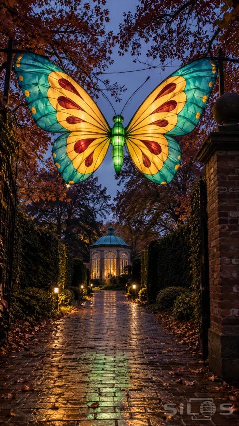 An enormous illuminated turquoise and yellow butterfly hangs over a brick path leading between hedges to a glowing garden pavilion.