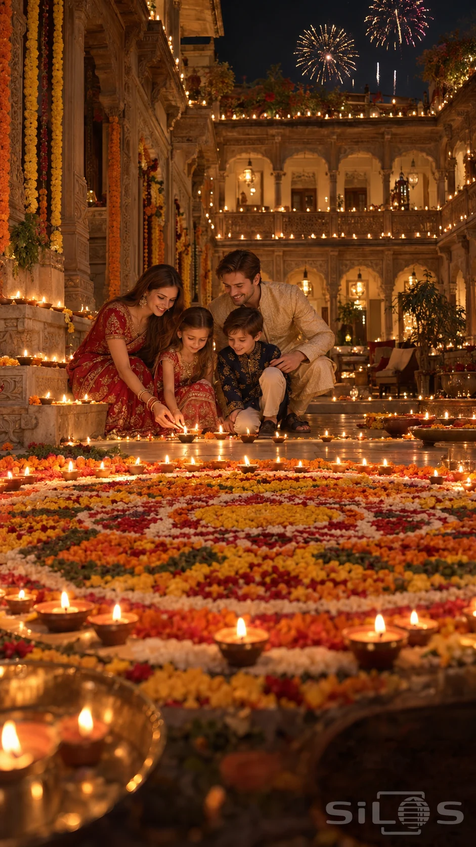 A family lights small Diwali lamps beside a floral rangoli in a carved stone courtyard beneath fireworks.