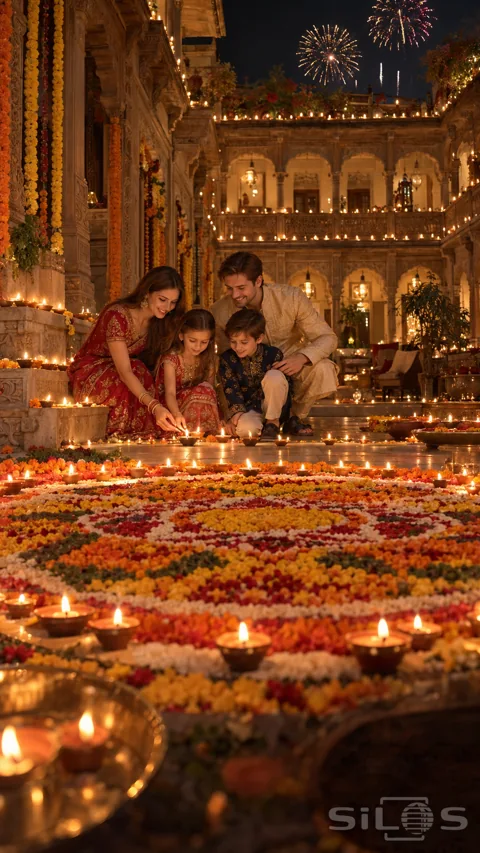 A family lights small Diwali lamps beside a floral rangoli in a carved stone courtyard beneath fireworks.