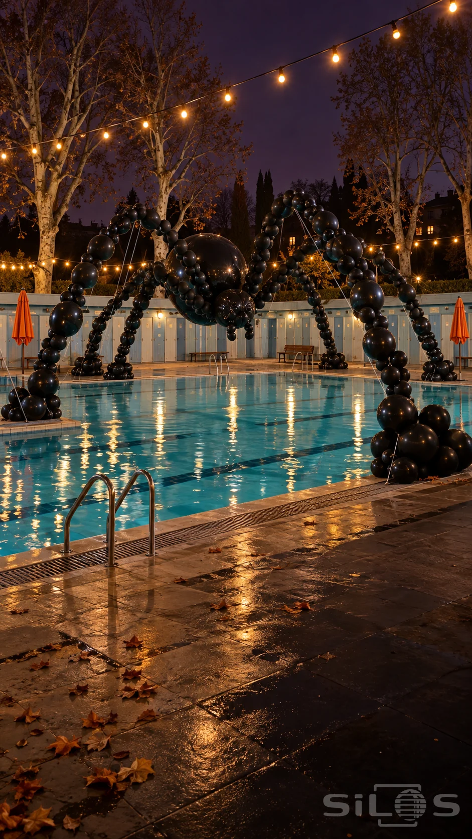 A black balloon spider arches over an empty turquoise pool, with changing cubicles and warm lights around the deck.