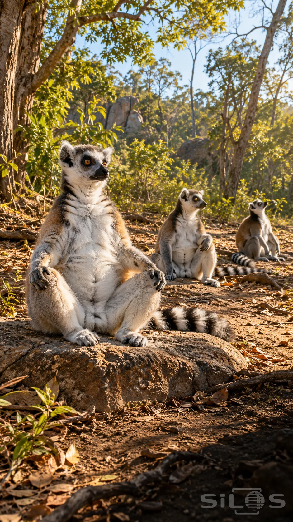 Three ring-tailed lemurs sit with pale bellies toward the sunlight, amber eyes and striped tails visible among rocks and dry leaves.
