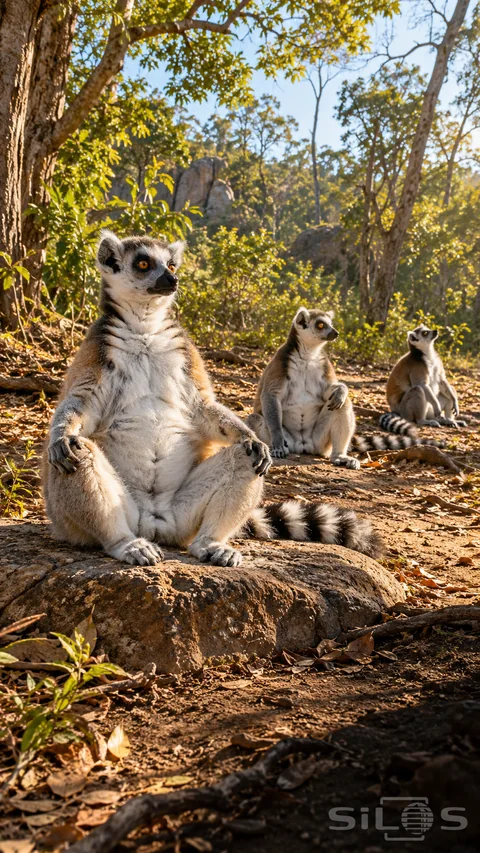 Three ring-tailed lemurs sit with pale bellies toward the sunlight; amber eyes and striped tails visible among rocks and dry leaves.