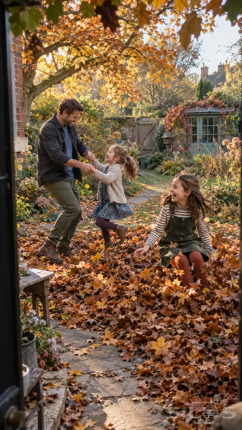 A father twirls with one daughter during leaf pile play as her sister lands in the autumn leaves of a deep cottage garden.