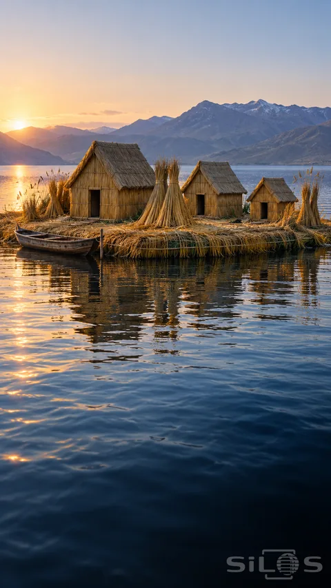 Three reed houses and conical reed bundles stand on a thick floating island beside a wooden boat on blue water.