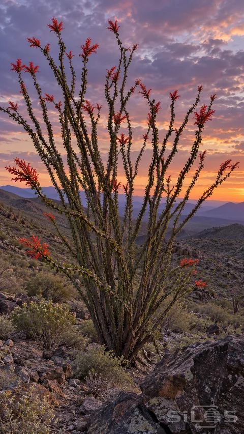 Red ocotillo flowers crown tall thorny canes on a rocky desert slope beneath violet and orange evening clouds.