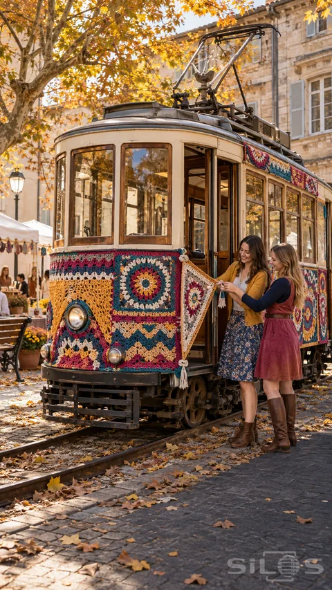 Crochet tram covered in mustard; raspberry; navy and turquoise patchwork panels as two women fasten a corner beside its wheels.