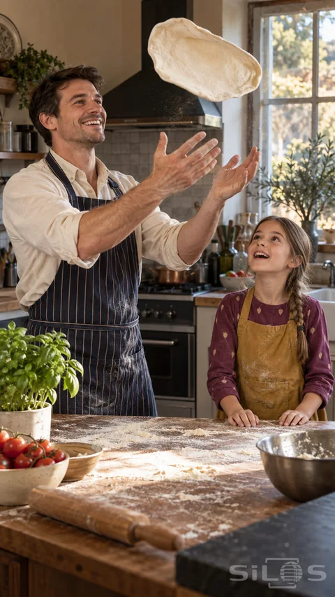 Pizza dough toss with a father raising his hands beneath a thin dough circle as his daughter watches beside a flour-covered table.
