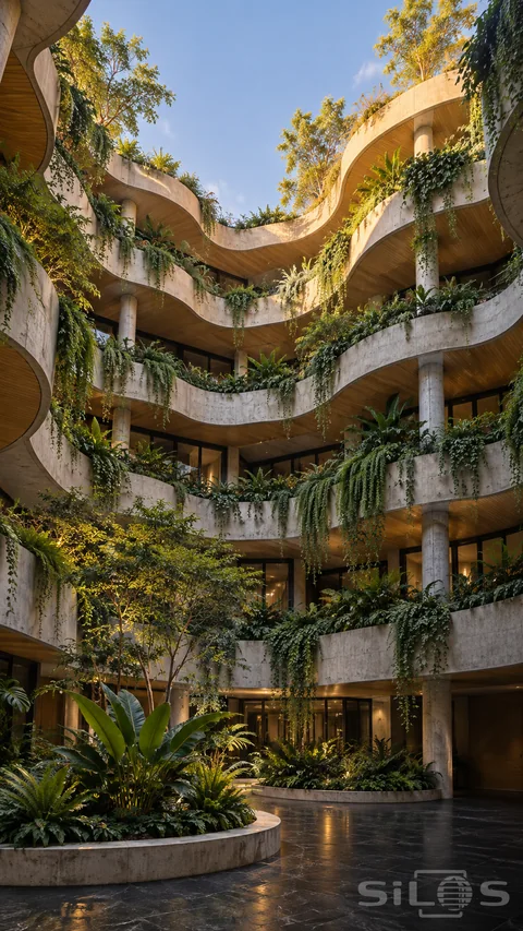 Planted balconies with wavy concrete fronts and timber undersides rise around a courtyard beneath blue sky.