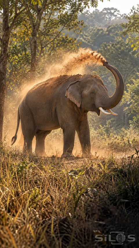 An elephant lifts its curled trunk and throws reddish dust over its back in a clearing bordered by trees.