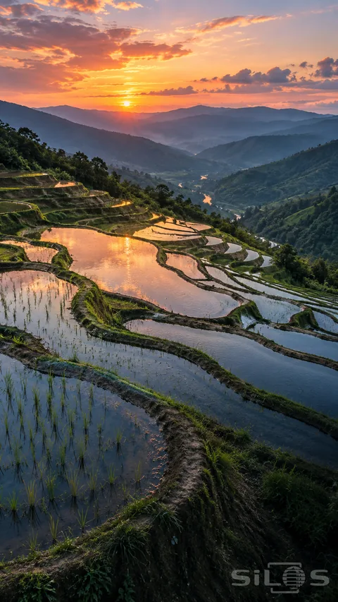 Flooded rice terraces reflect a golden sunset between curved grassy banks; with young rice shoots and layered hills beyond.