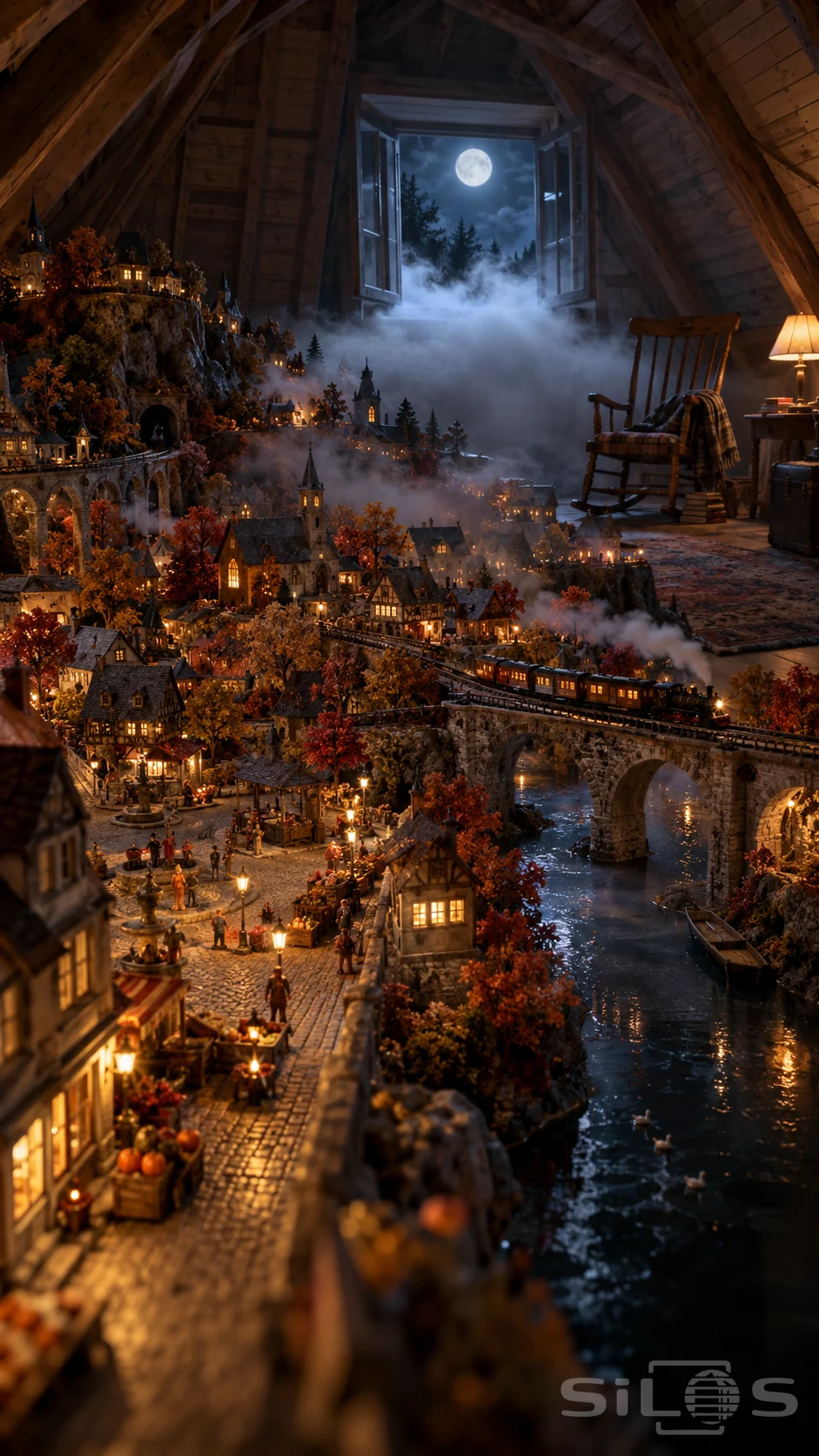 A detailed miniature autumn village with a train viaduct and lit windows fills a timber attic beneath a foggy open dormer.
