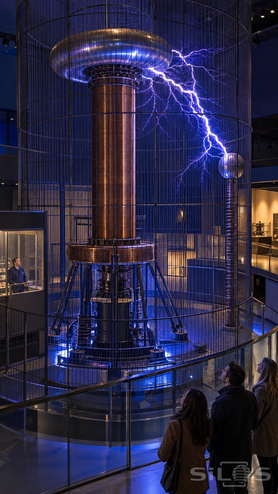 Tesla coil lightning above copper windings inside a protective wire enclosure in an indigo-lit museum gallery.