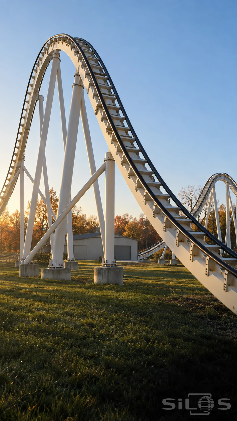 An empty steel coaster rises in a tall hill on white tubular supports above grass and a small shed beside autumn trees.