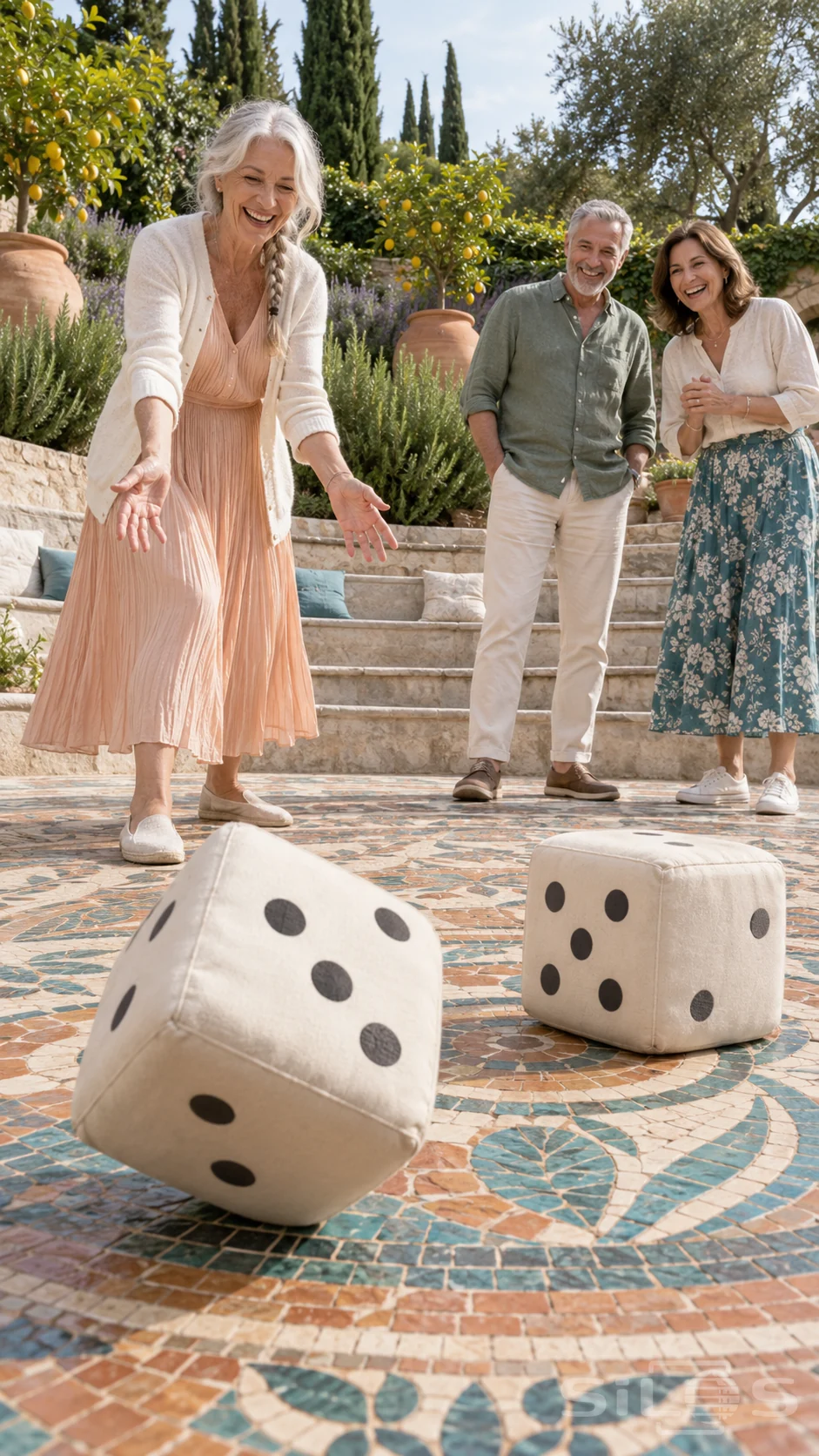 Three older adults laugh as two giant dice settle on a terracotta and turquoise mosaic court surrounded by lemon trees and stone seating.