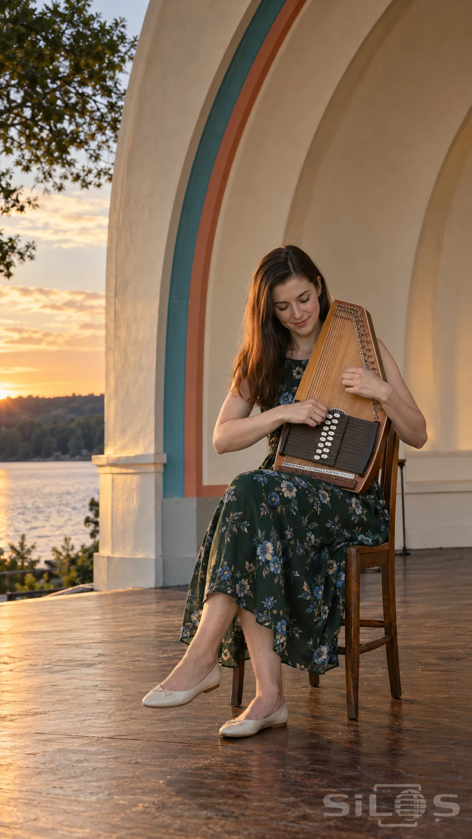 A woman in a floral dress plays autoharp notes on a wooden chair inside a curved band shell beside a lake at sunset.