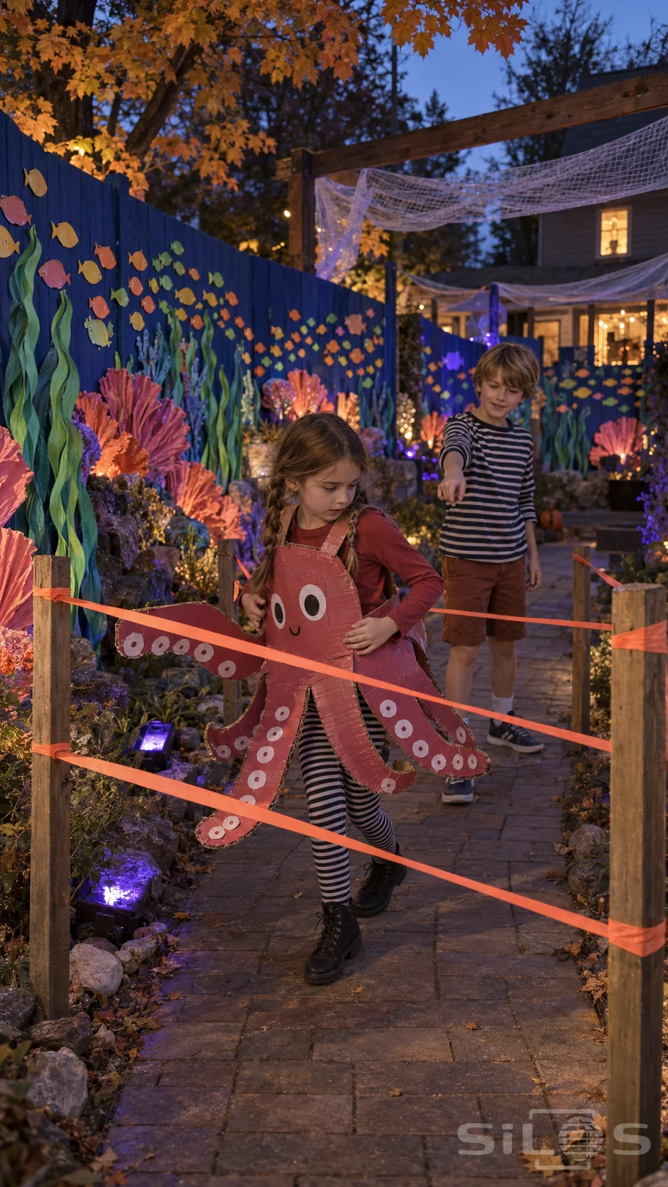 A Halloween ribbon maze surrounds a girl in a cardboard octopus costume as her brother points toward a gap in the decorated garden.