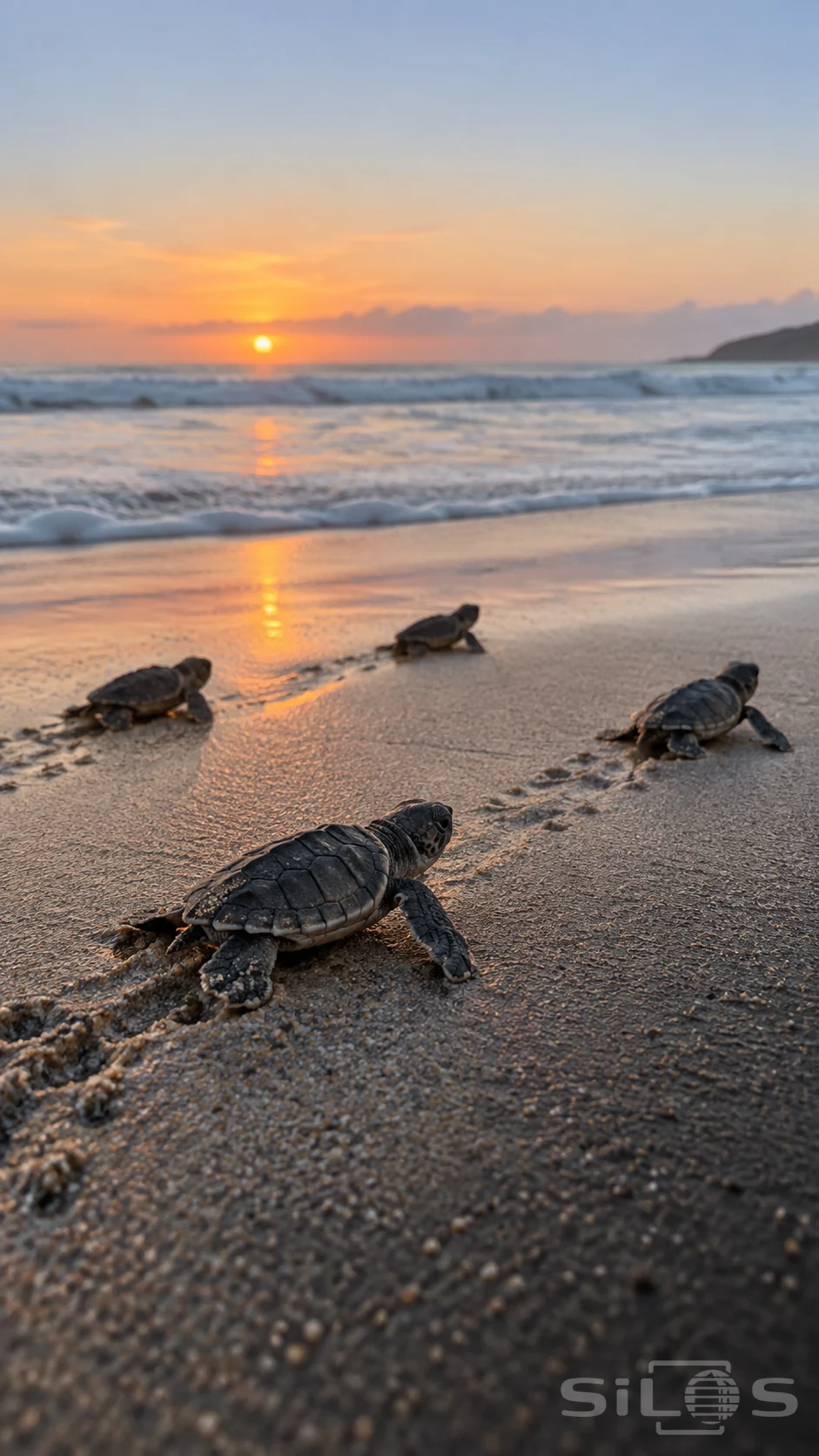 Four sea turtle hatchlings with dark ridged shells and paddlelike flippers cross damp sand toward the sea beneath a peach sunrise.